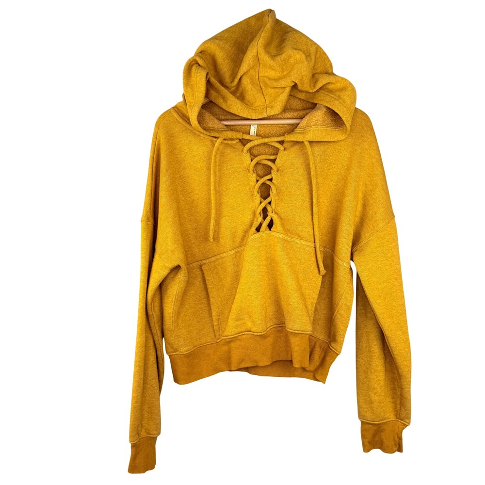 FP Movement Hoodie Women Size M Mustard Yellow Lace Up Front Pullover Sweatshirt